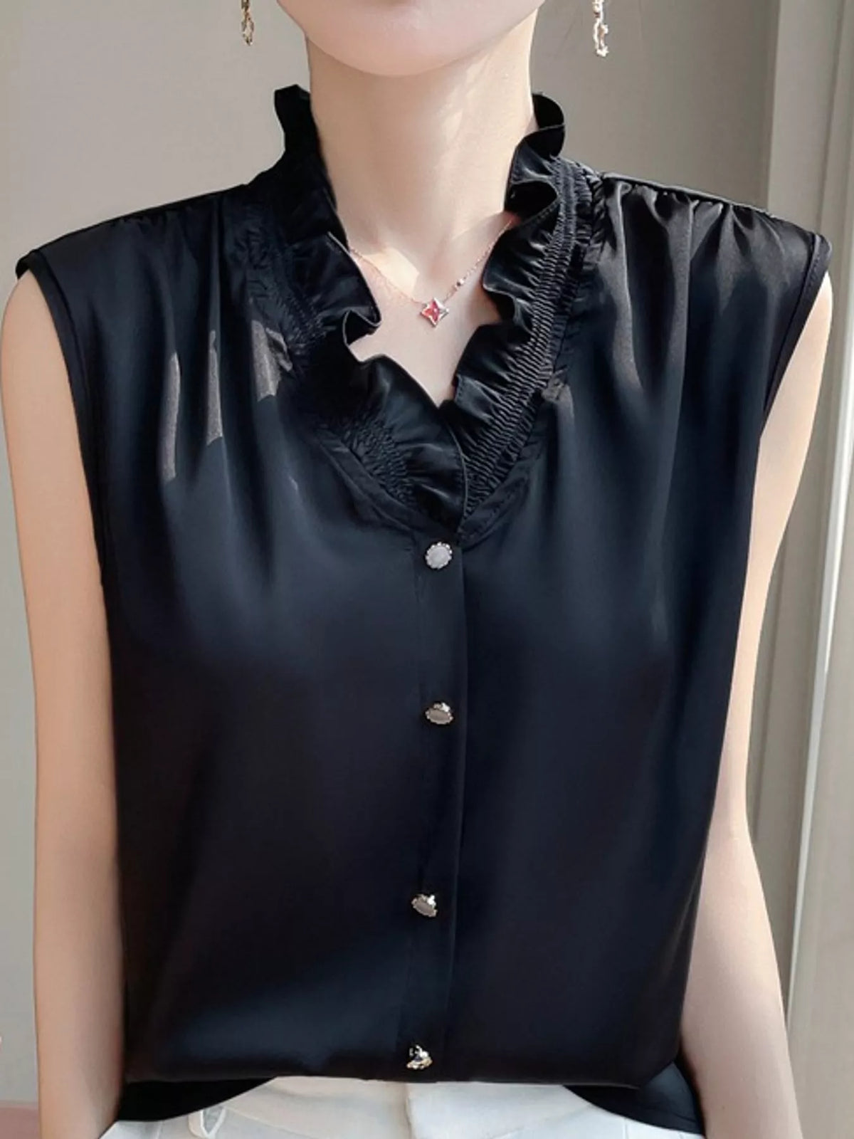 Sleeveless Ruffled V-Neck Satin Shirt — front view