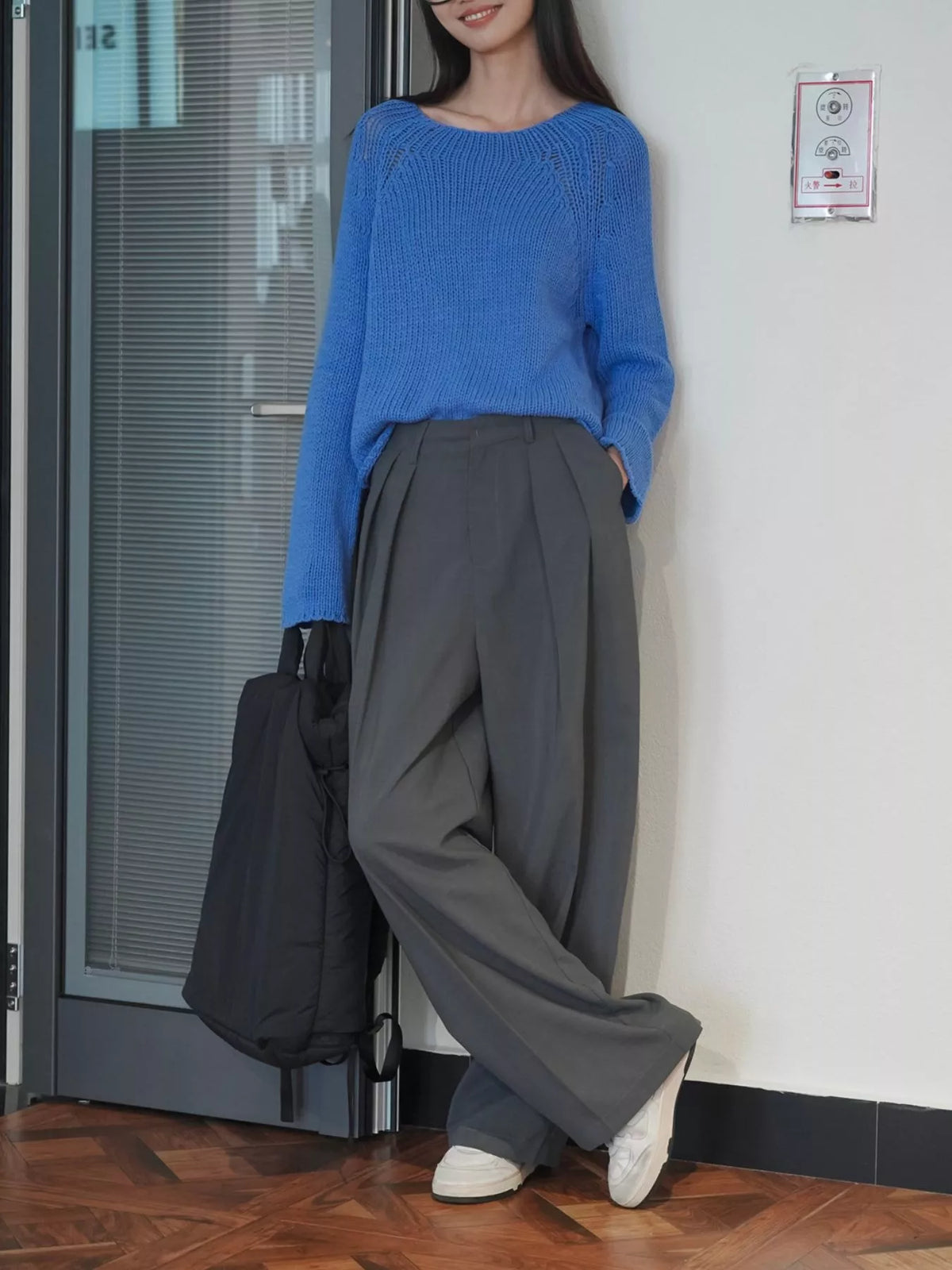 Women's High-Waisted Pleated Wide-Leg Pants in gray — front view