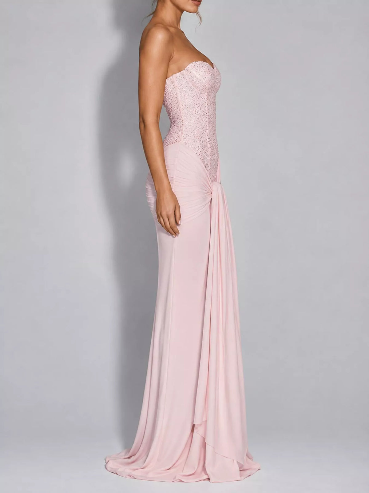 Strapless Sequin Corset Maxi Dress, side view