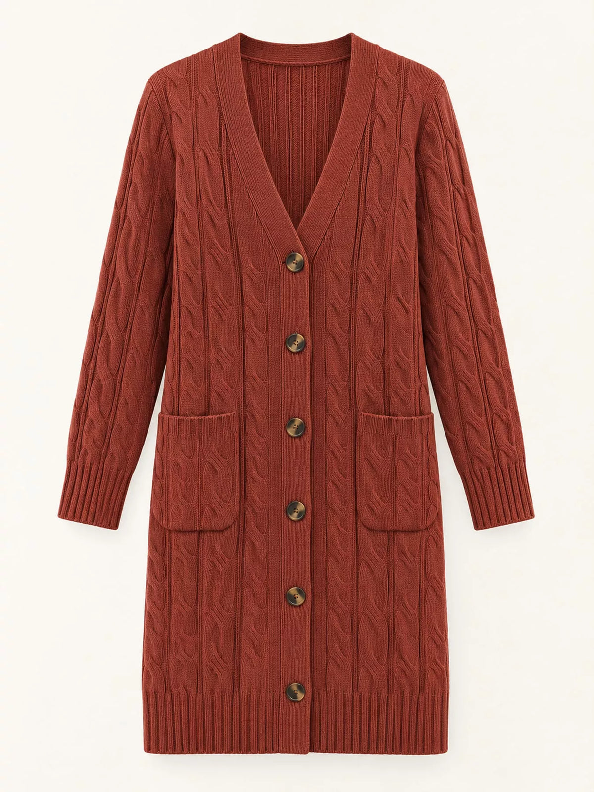 Cable Knit Button-Down Cardigan with Pockets — garment front