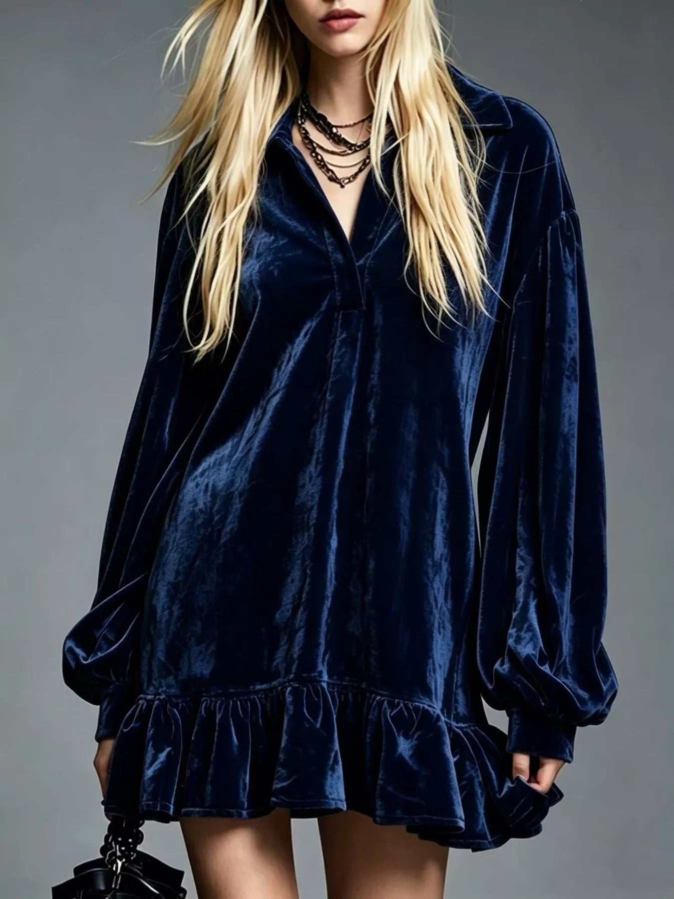 Trendsi Full Size Velvet Ruffled Hem Long Sleeve Dress Plus Size -