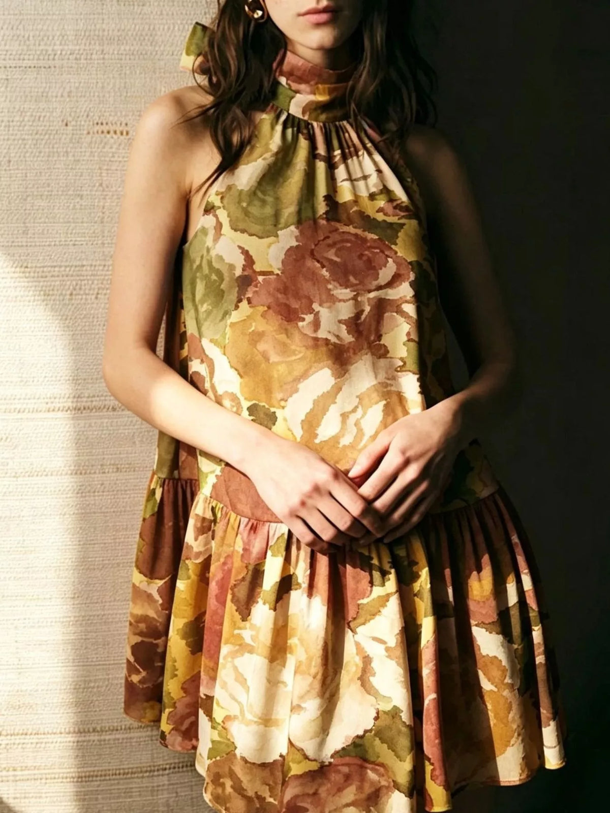 Camel Floral Print Sleeveless Mini Dress with Bow front detail