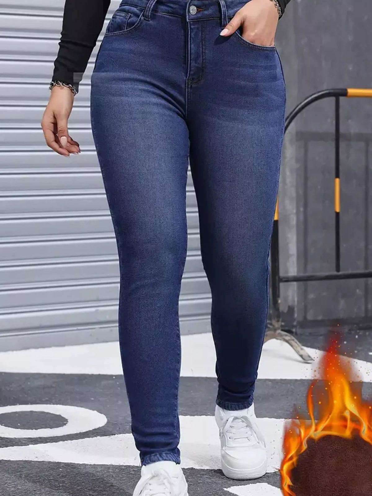 Blue high-waisted fleece-lined skinny jeans