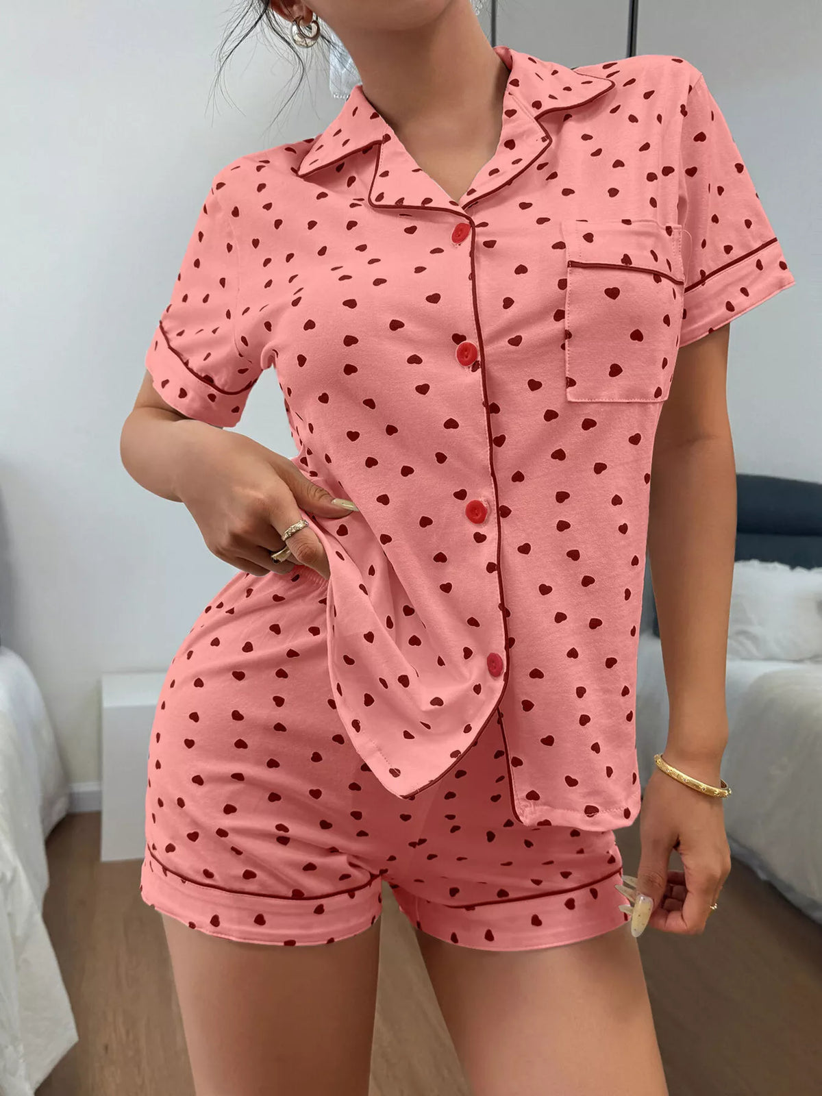 Trendsi Heart Print Button-Down Short Sleeve Top and Shorts Lounge Set -