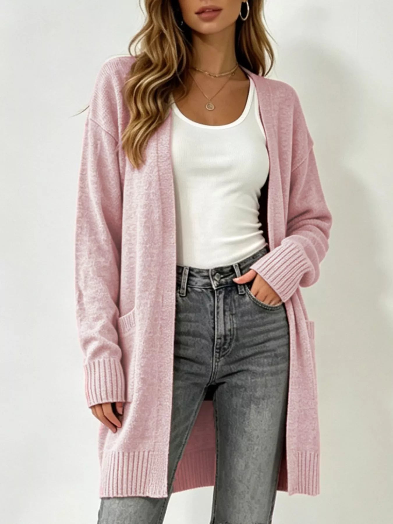 Trendsi Full Size Open-Front Longline Knit Cardigan Plus Size -