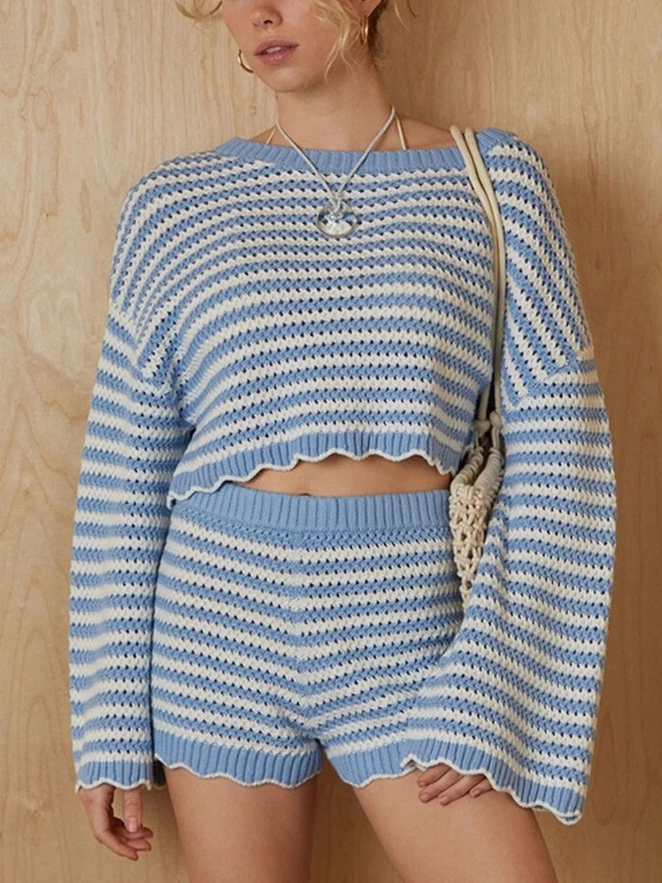 Trendsi Scalloped Edges Striped Top and Shorts Set -