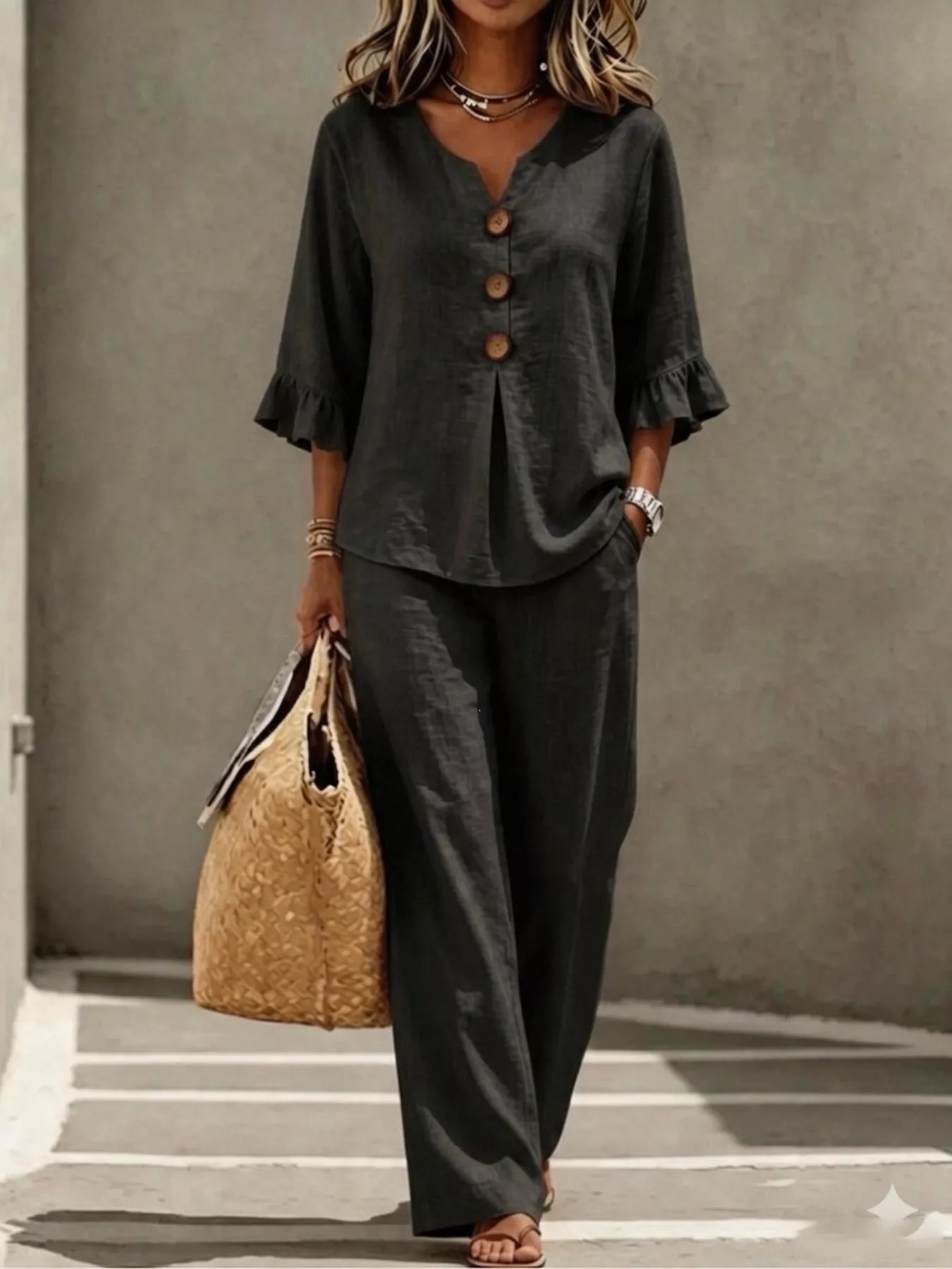 Trendsi Full Size Decor Button Ruffled Top and Wide-Leg Pants Set Plus Size -