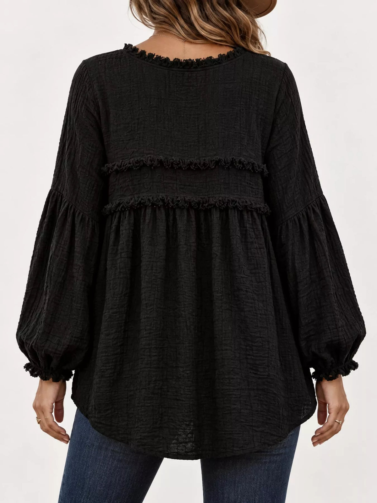 Black textured frayed-trim peplum blouse, back view