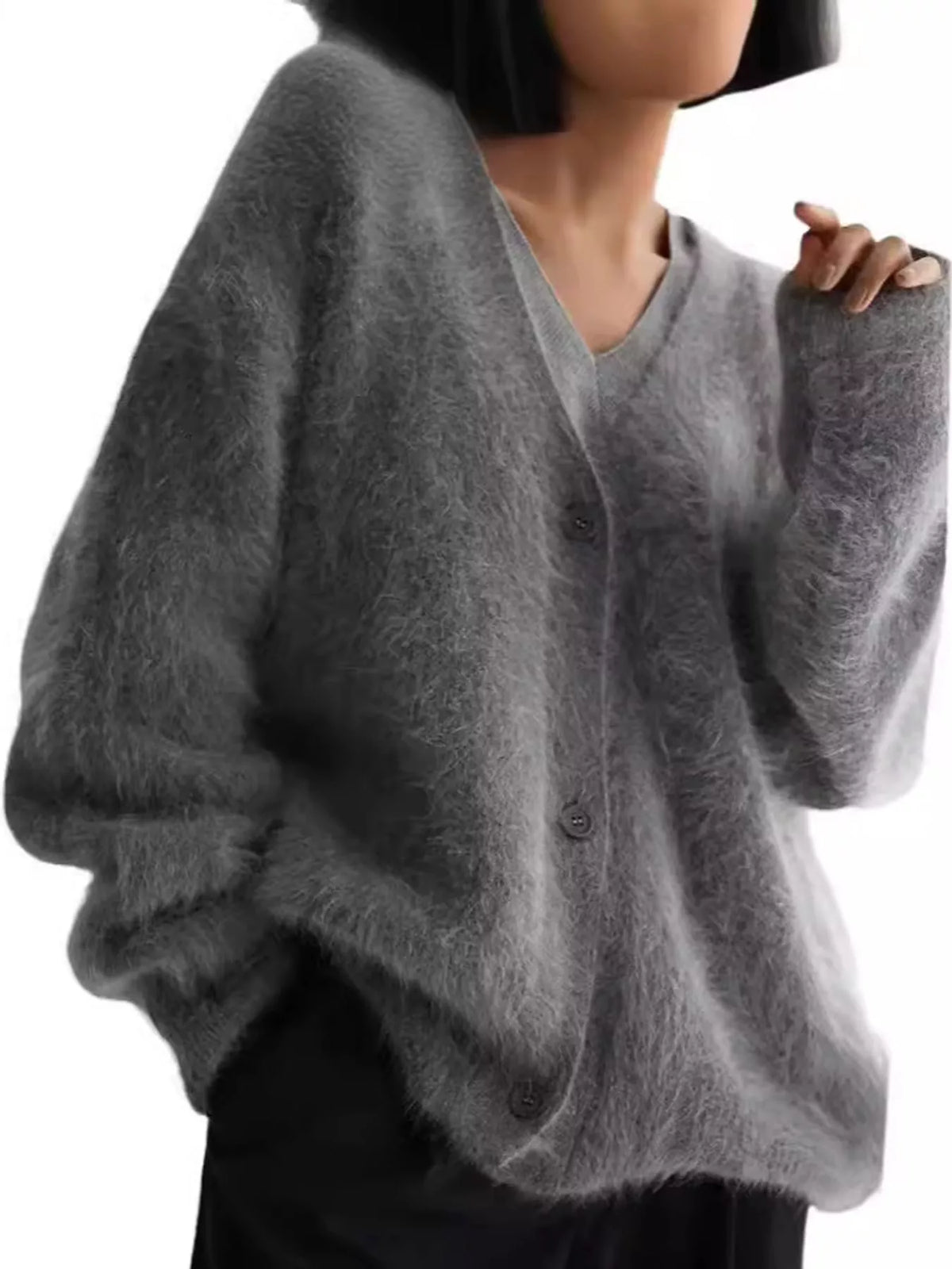 Gray fuzzy v-neck button-down cardigan