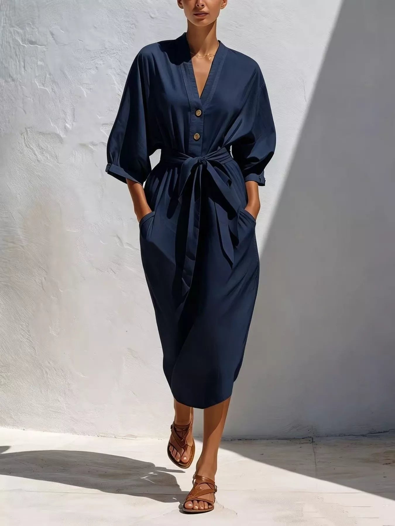 Trendsi Full Size Tie Waist V-Neck Midi Dress Plus Size -