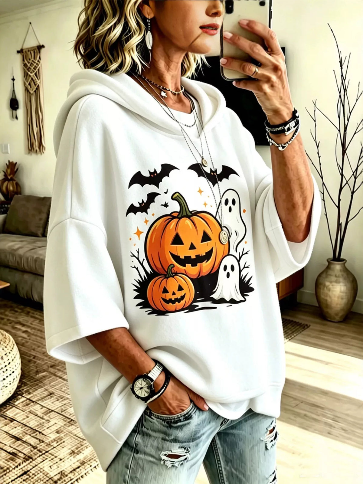 White oversized halloween pumpkin ghost hoodie