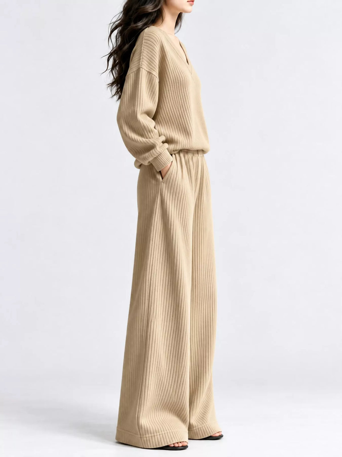 Beige corduroy v-neck top and pants set — side view