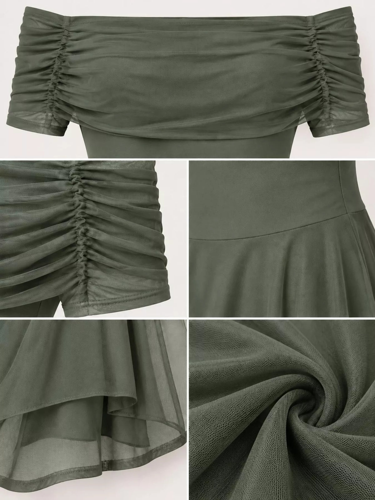 Green off-shoulder ruched maxi dress — design and construction details