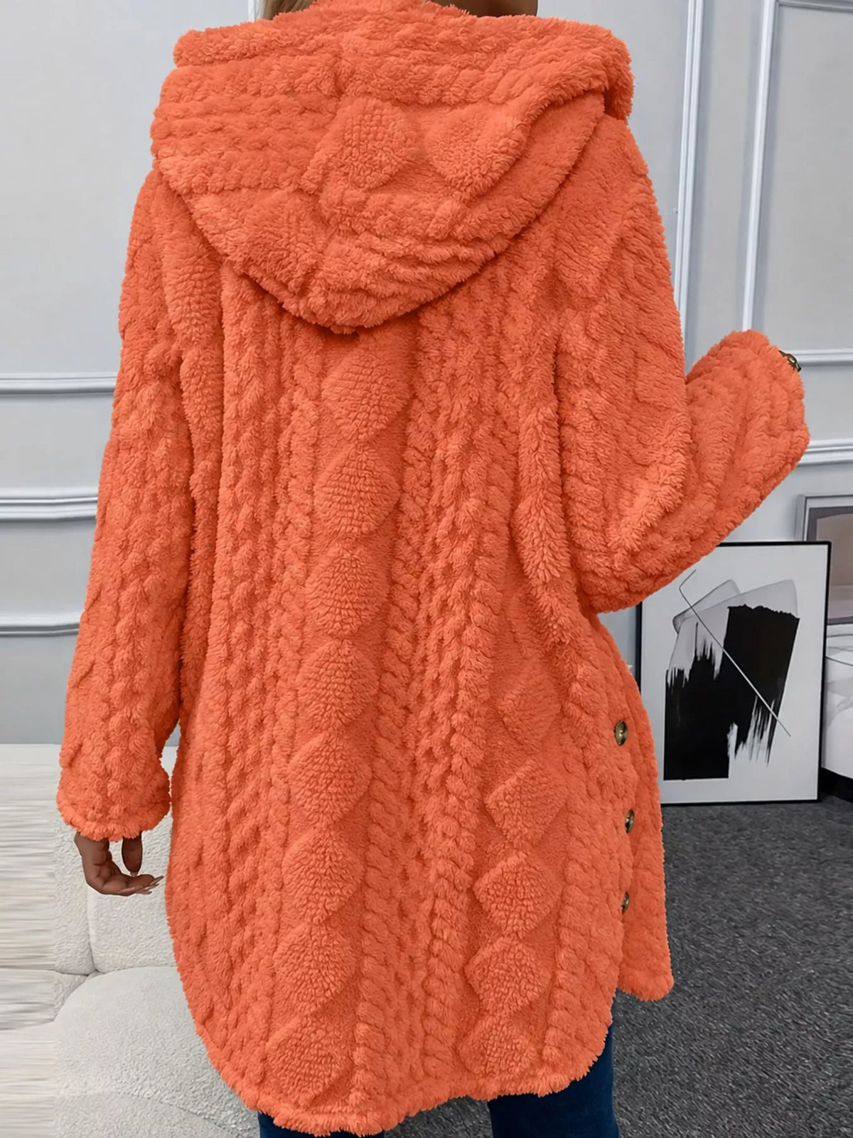 Gray cable knit faux fur hooded jacket, back view