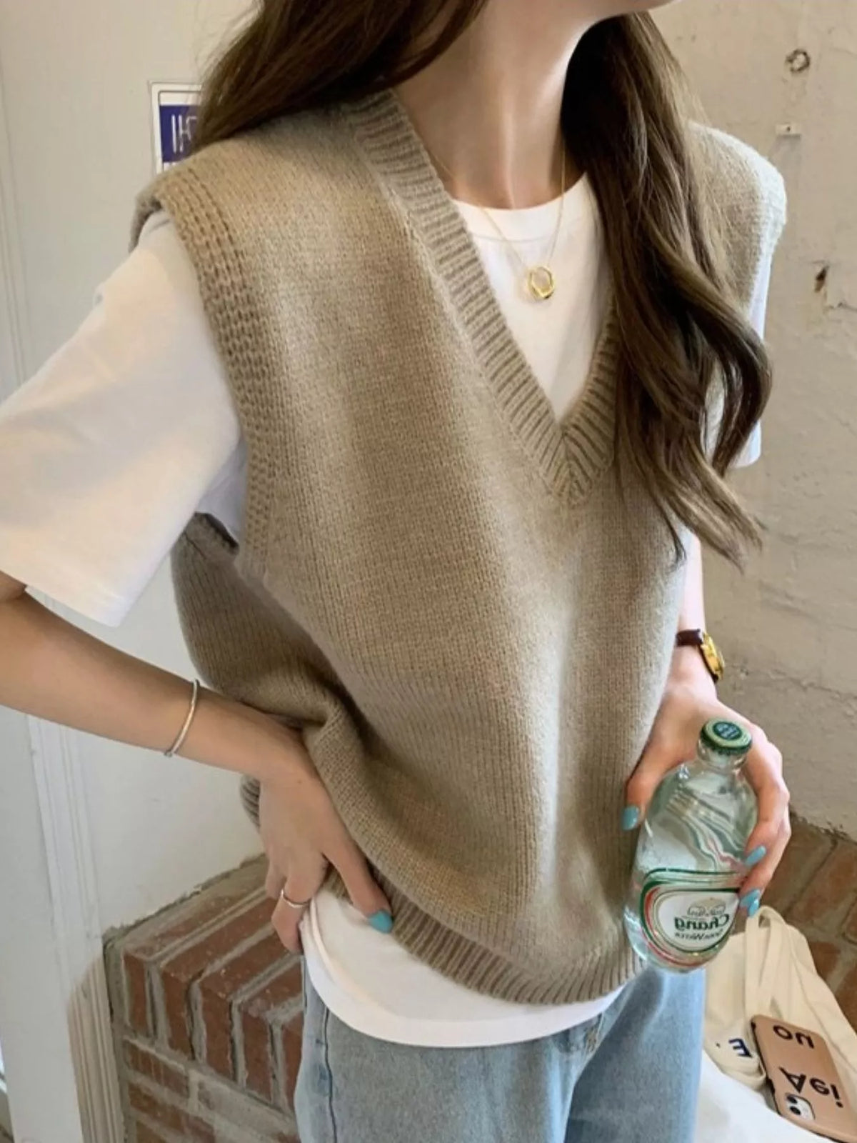 Camel v-neck knit sweater vest