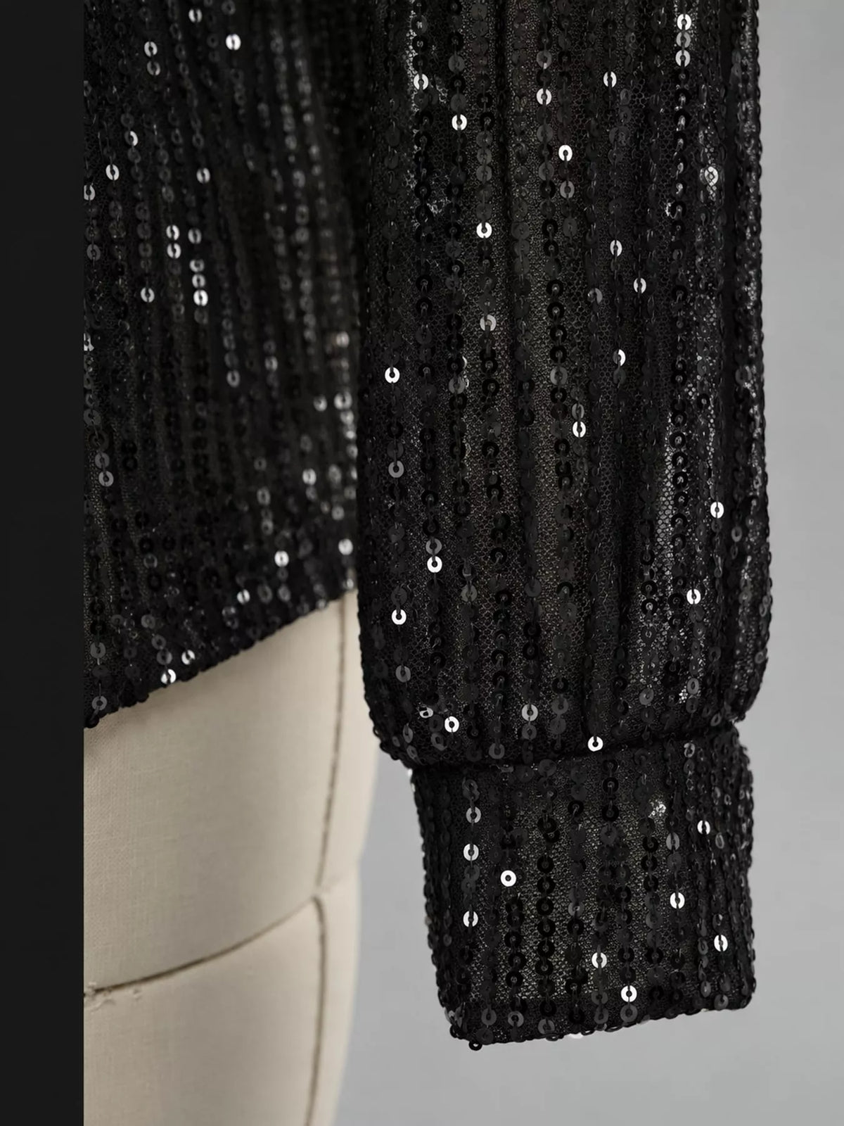 Black sequin button up long sleeve shirt, detail view