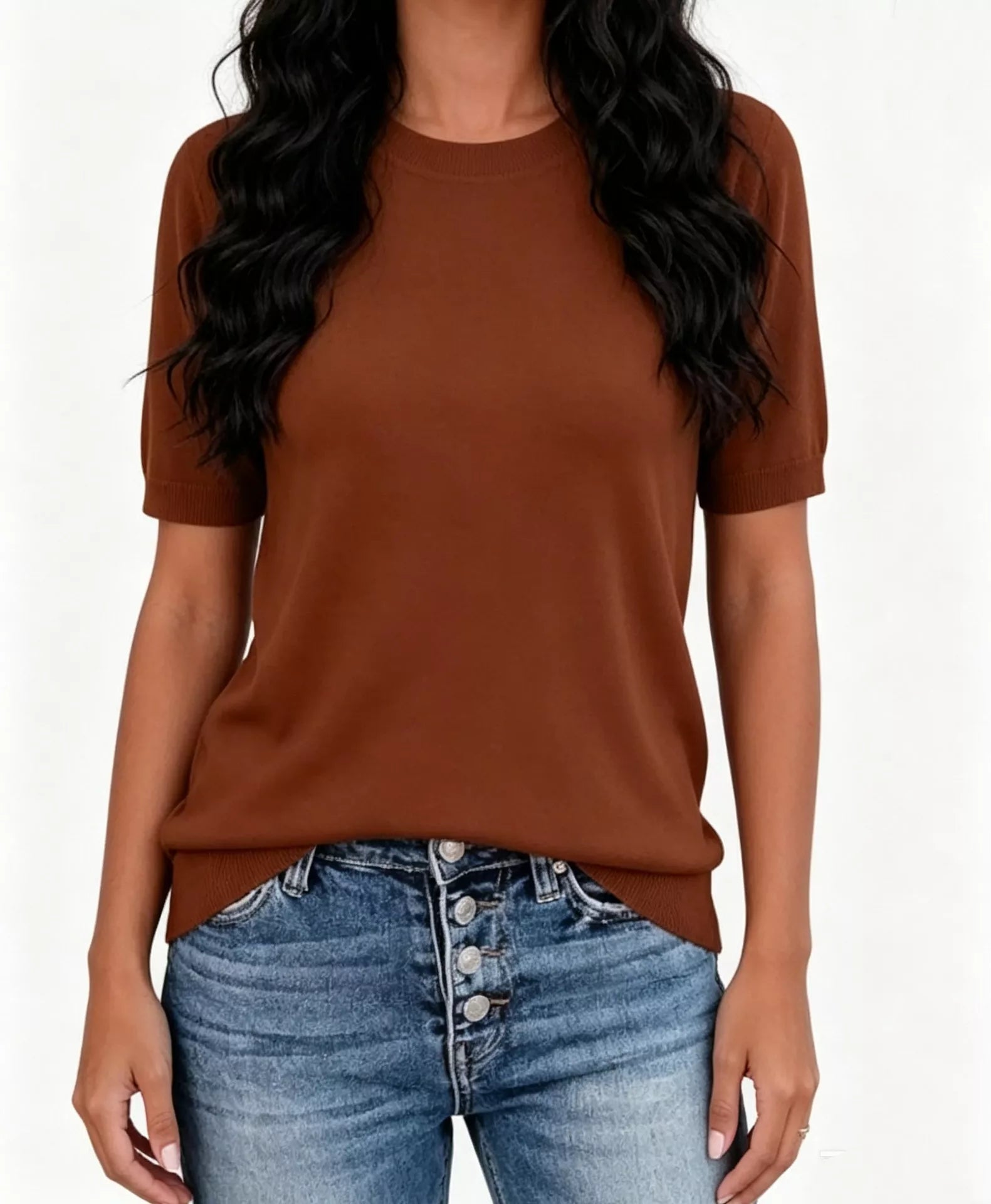 Trendsi Classic Crew Neck Short Sleeve Knit Top -