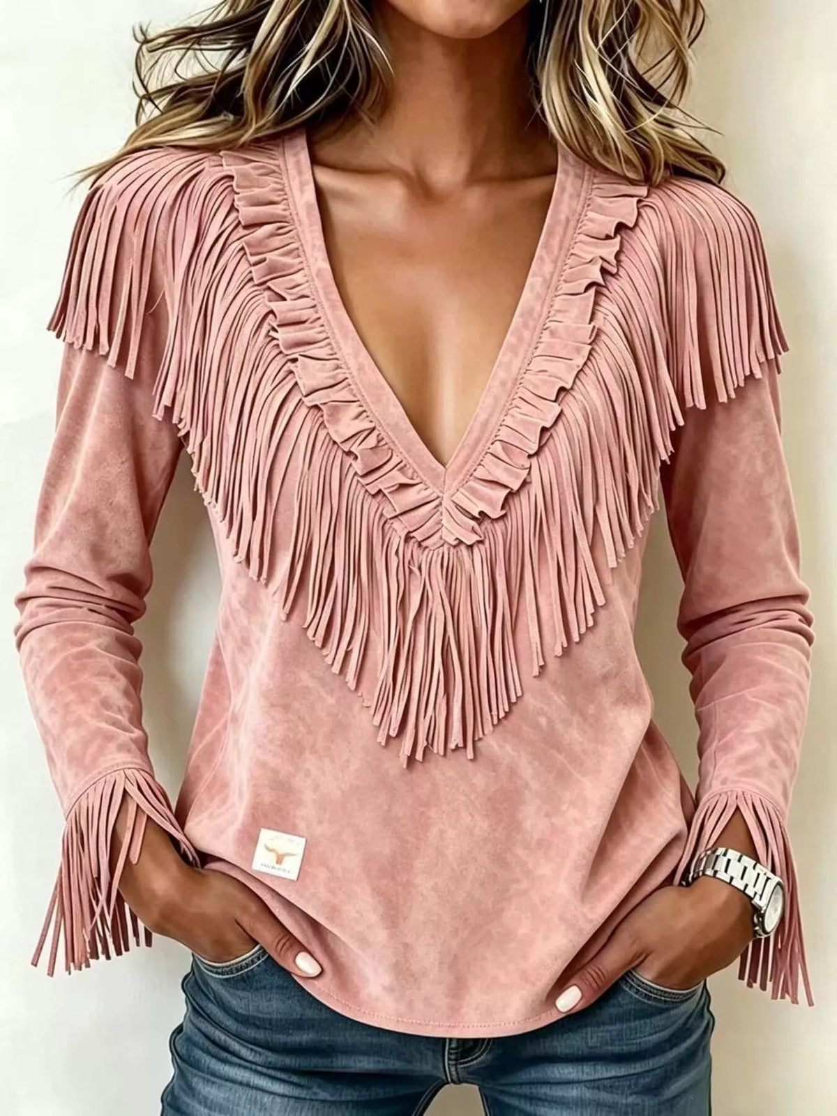 Fringed V-Neck Blouse in dusty pink, front view