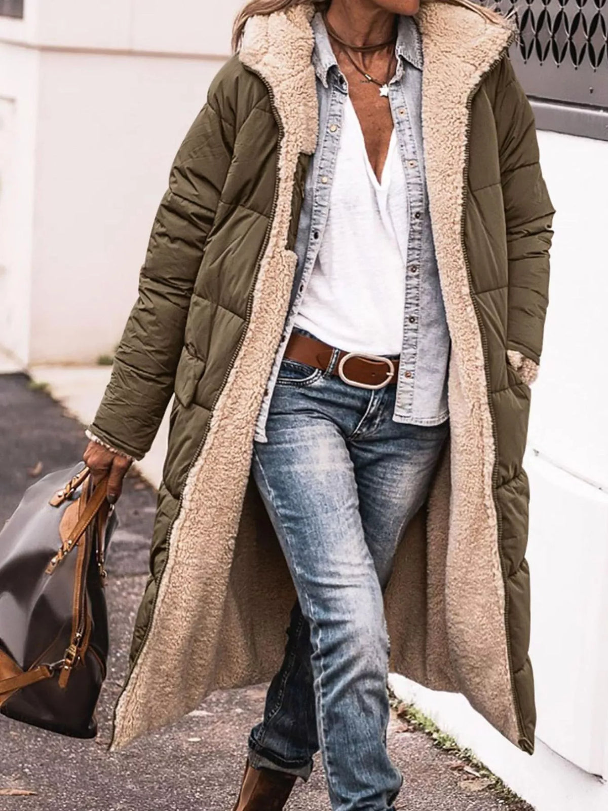 Olive longline sherpa-lined hooded puffer coat