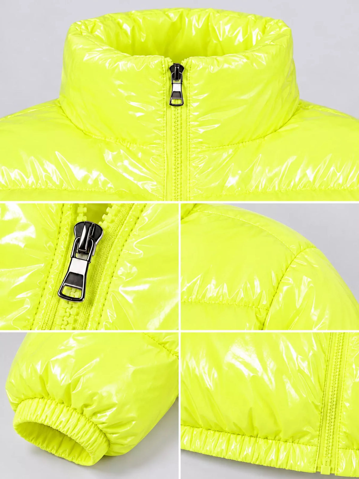 Glossy Stand-Collar Zip-Up Puffer Jacket — garment construction details
