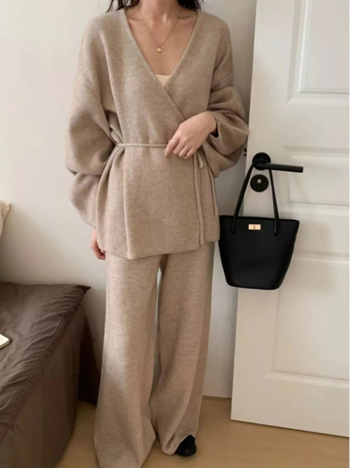 V-Neck Tied Wrap Cardigan and Wide-Leg Pants Sweater Set — front view