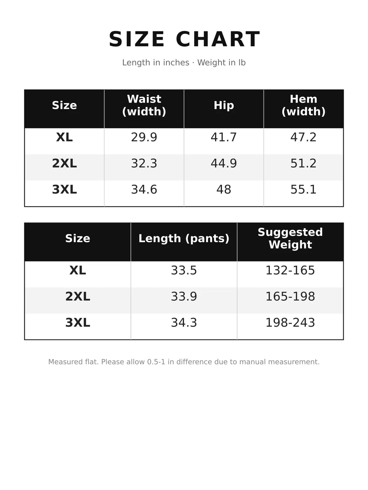 Size chart for high-waisted flared skirt