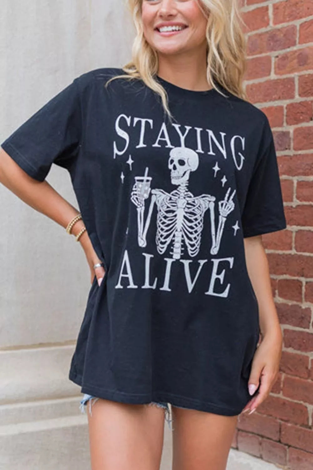 Trendsi STAYING ALIVE Funny Skeleton Graphic Round Neck T Shirt -