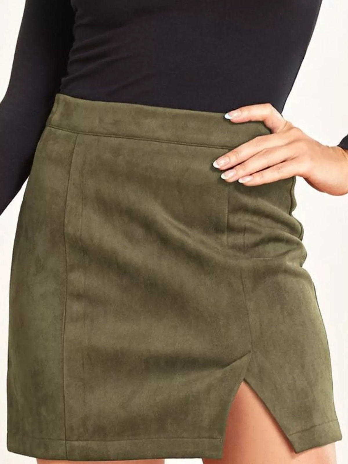 Zip-up mini skirt, olive front