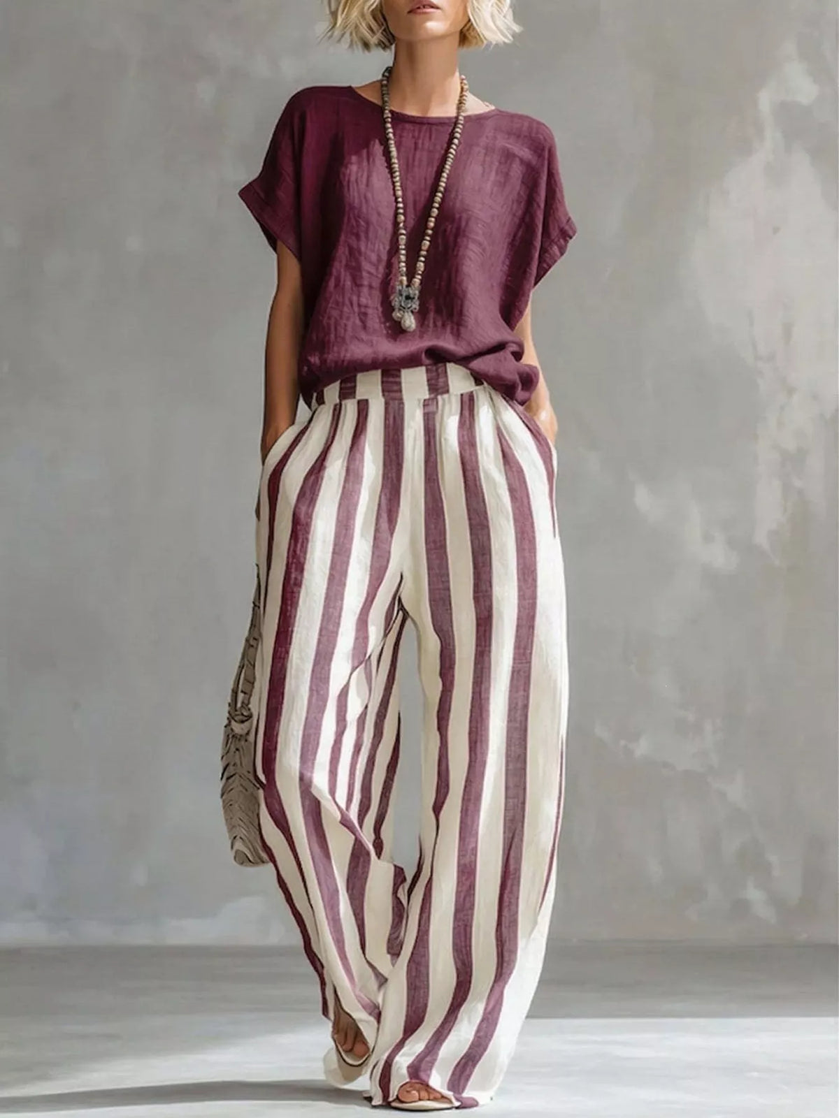 Burgundy short sleeve top and wide-leg pants set — front view