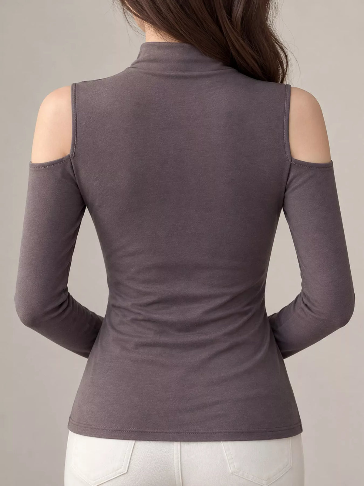 Gray mock neck cold-shoulder t-shirt, back view