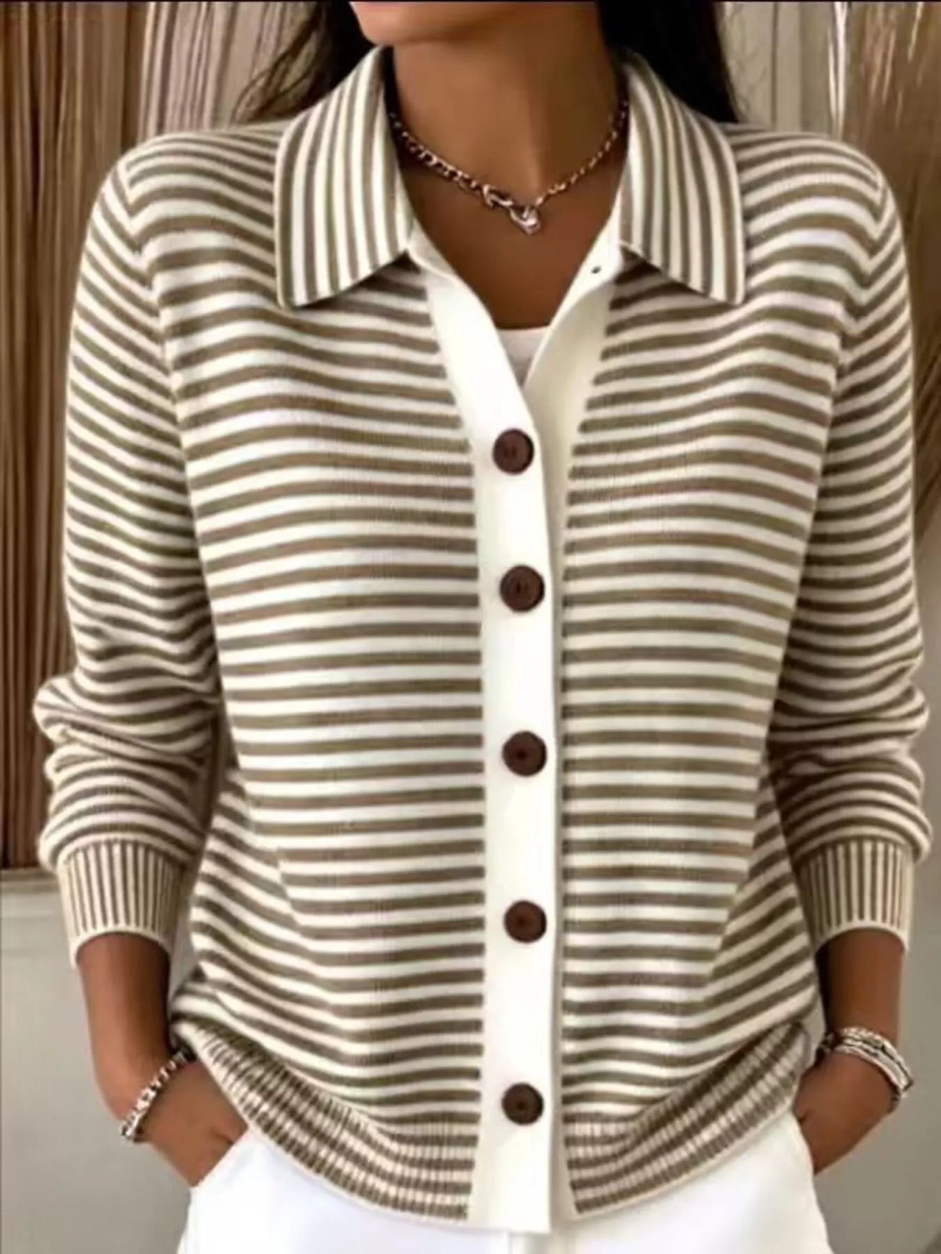 Trendsi Striped Collared Button-Down Knit Cardigan -