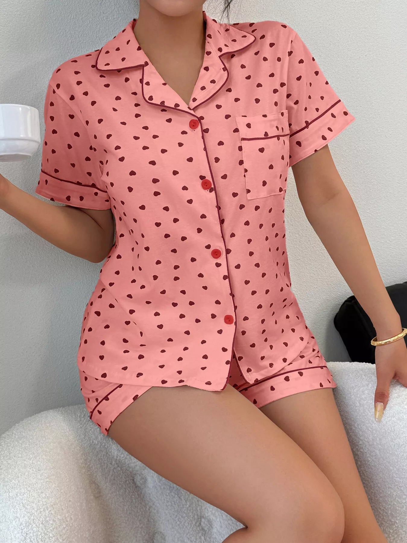 Trendsi Heart Print Button-Down Short Sleeve Top and Shorts Lounge Set -