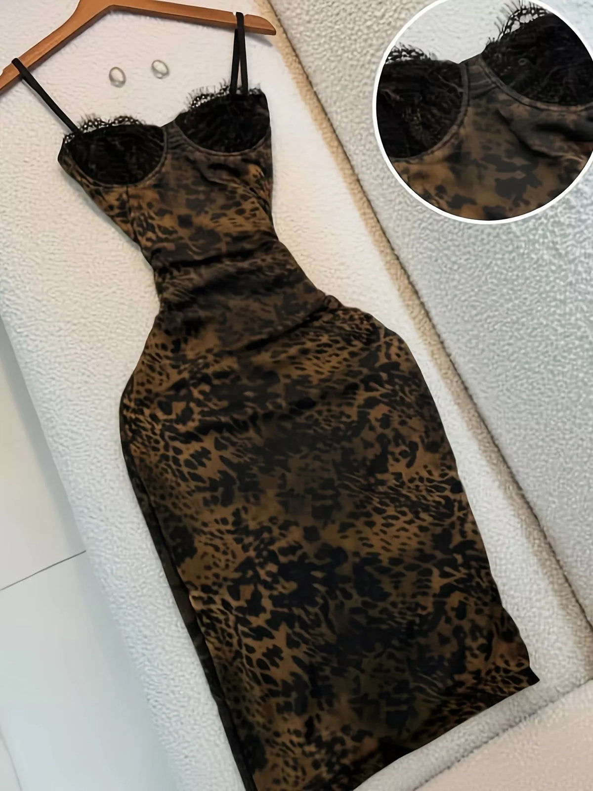 Trendsi Leopard Print Lace Trim Bodycon Midi Dress -