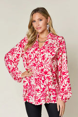 Trendsi Double Take Full Size Printed Ruffle Trim Balloon Sleeve Shirt -