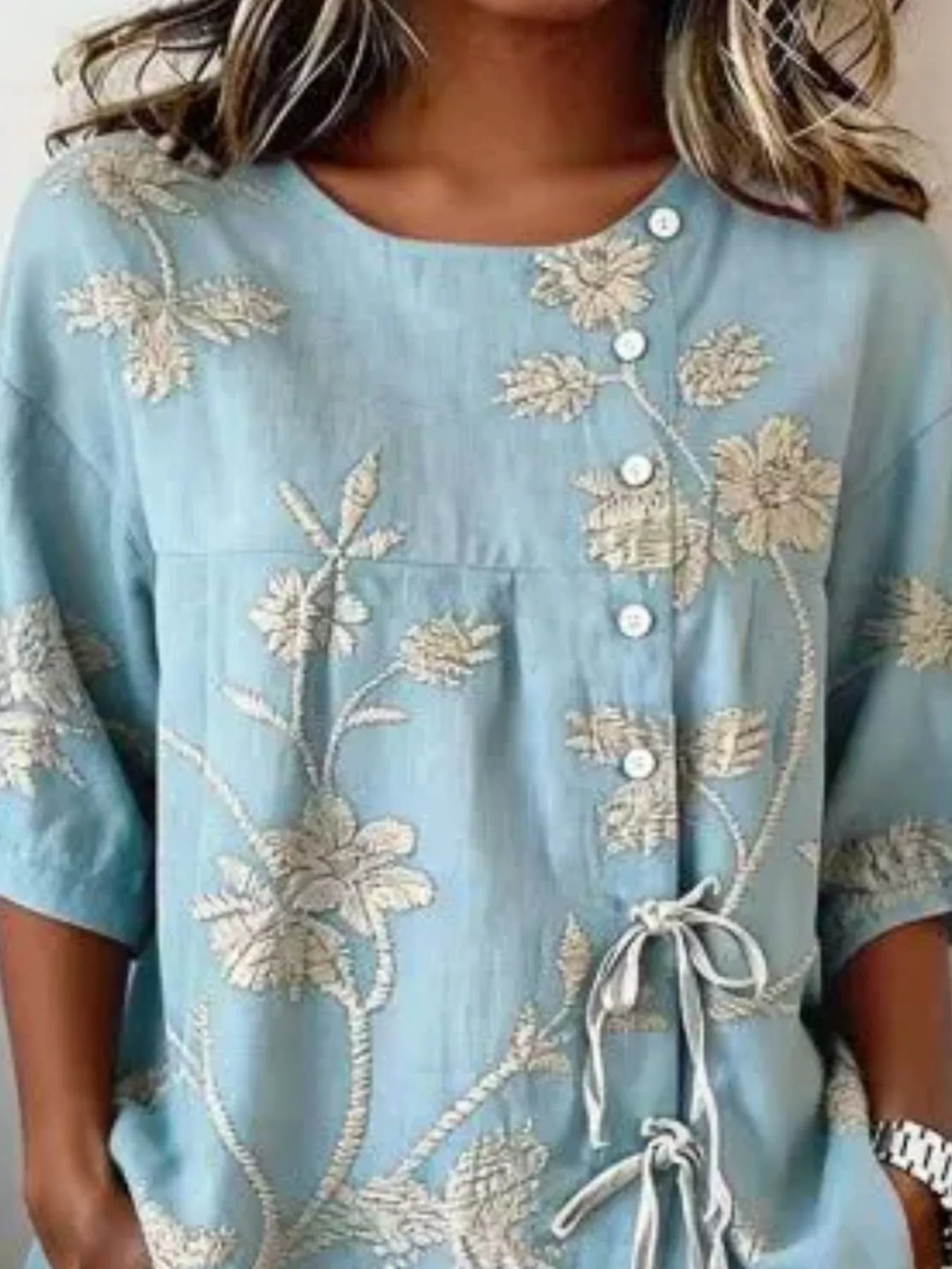 Trendsi Full Size Embroidered Floral Tie Front Shirt Plus Size -
