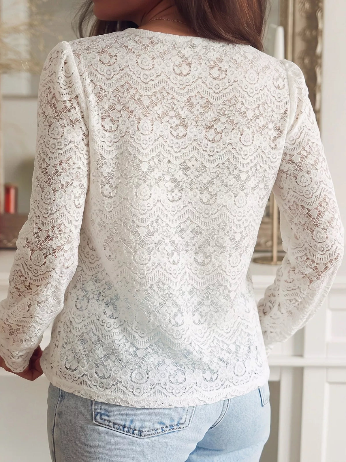 Lace Button-Up Long Sleeve Shirt — back view