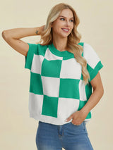 Trendsi Double Take Full Size Checkered Round Neck Short Sleeve Sweater -