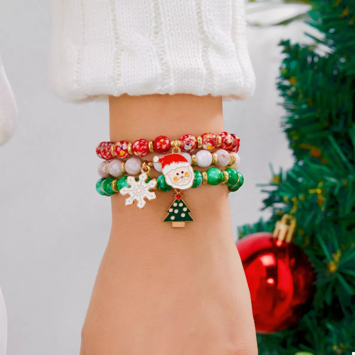 Trendsi 3 Piece Christmas Charm Beaded Bracelet -