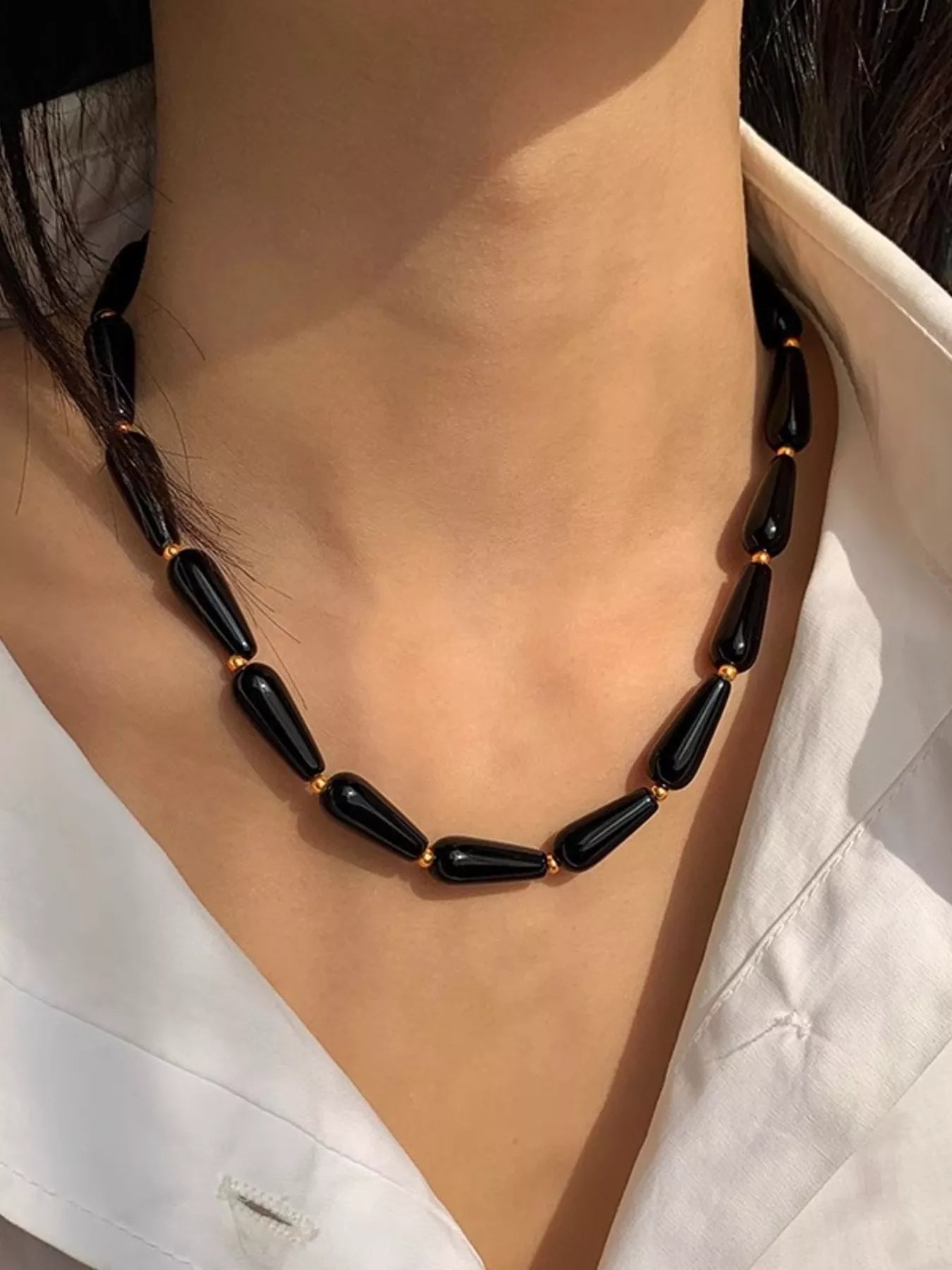 Women's Black Agate Teardrop Bead Adjustable Necklace 18K Gold Plated