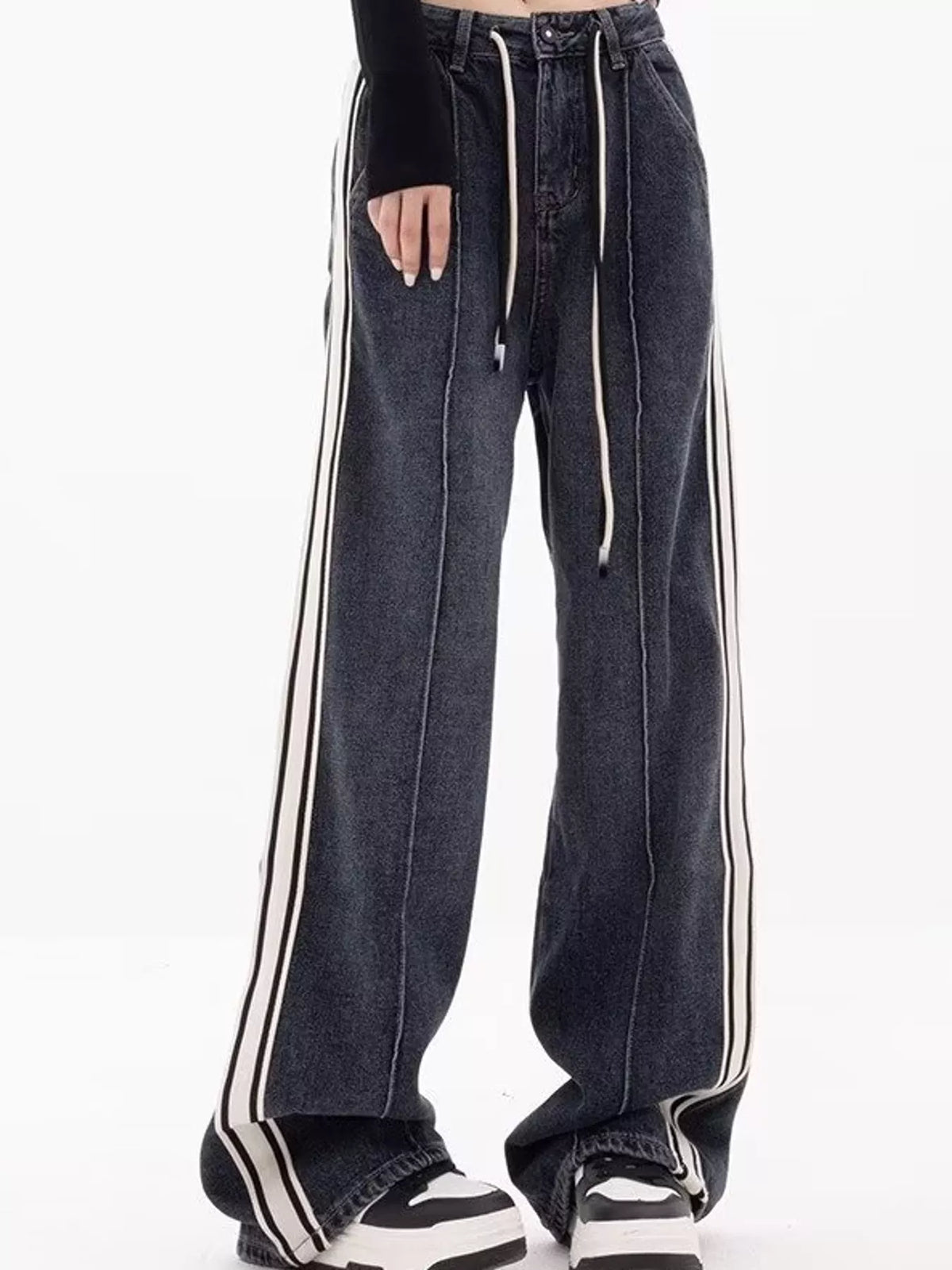 High-Waisted Wide-Leg Contrast Stripe Jeans, front view
