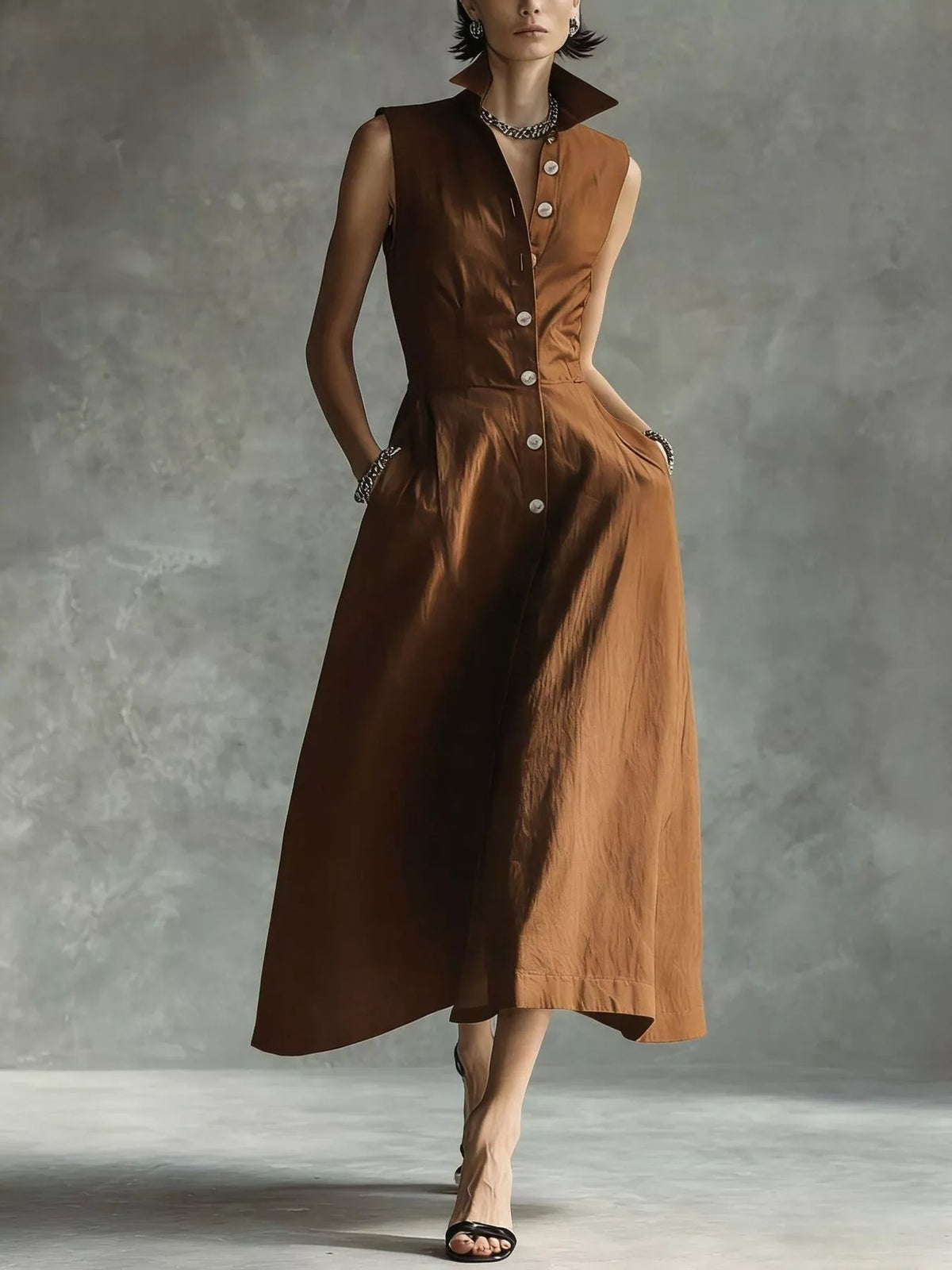 Brown button-down midi shirt dress