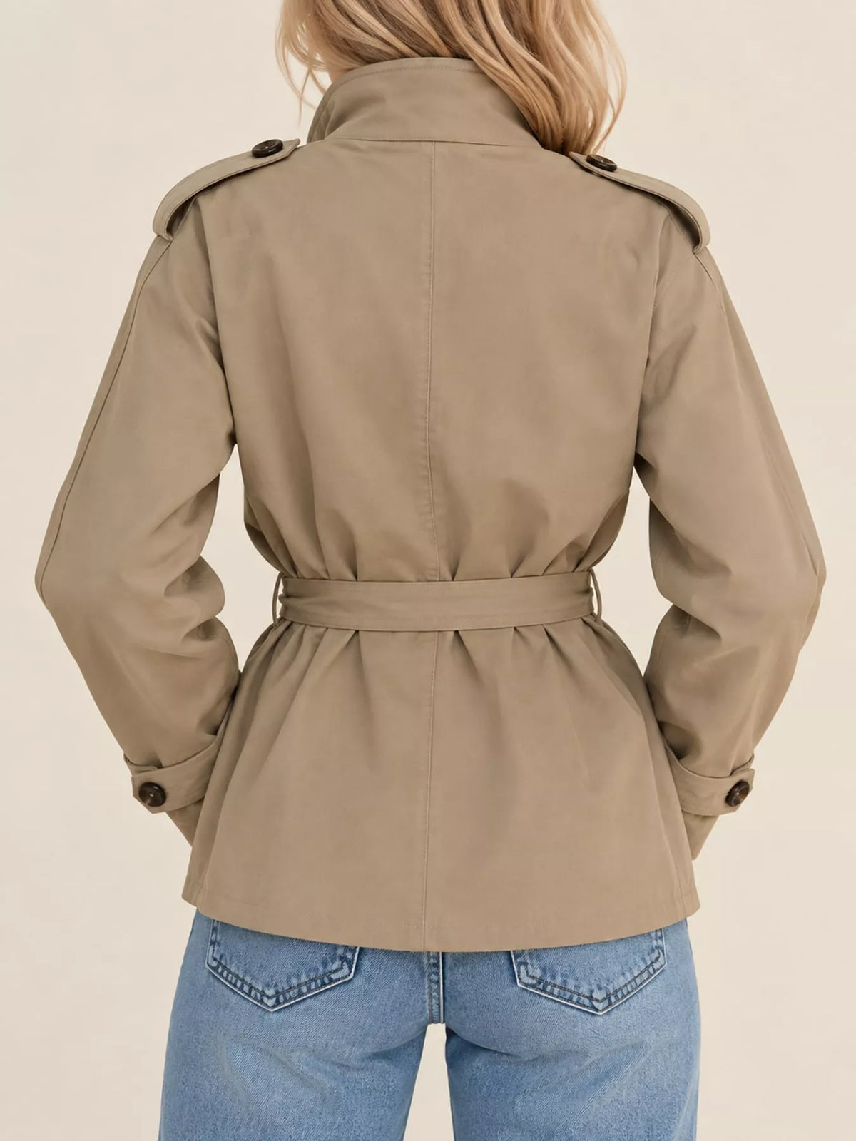 Women's Double-Breasted Belted Trench Coat in beige — back view