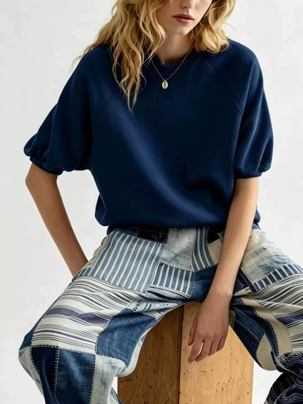 Women's Raglan Short-Sleeve Sweatshirt in navy — front view