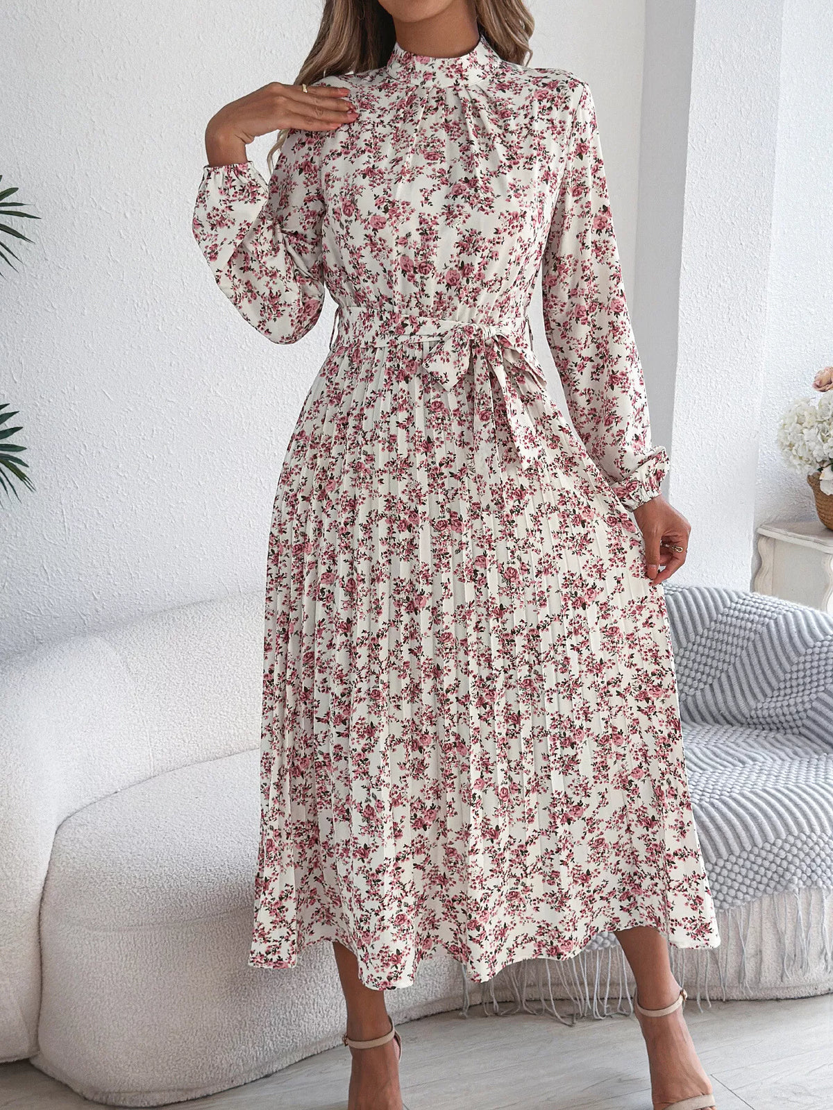 White floral print long sleeve midi dress