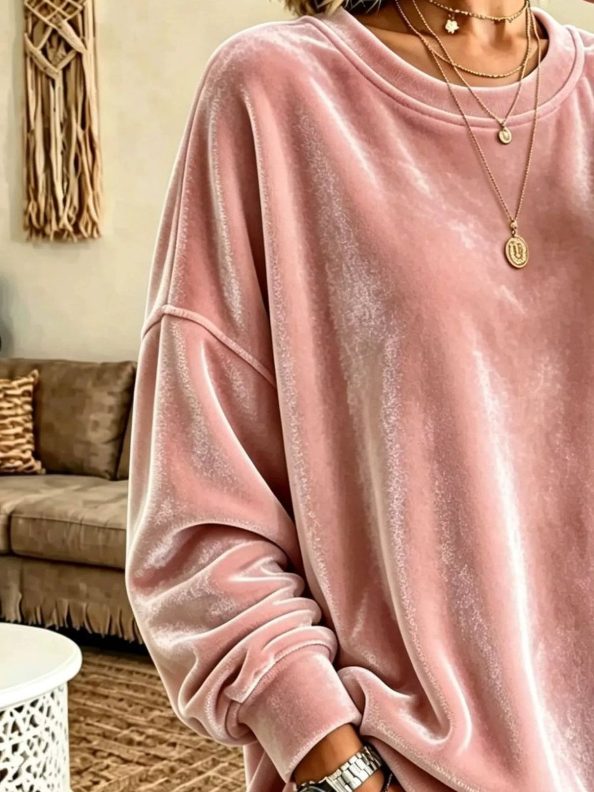 Women's Velvet Dropped Shoulder Crew Neck Sweatshirt in pink — texture detail view