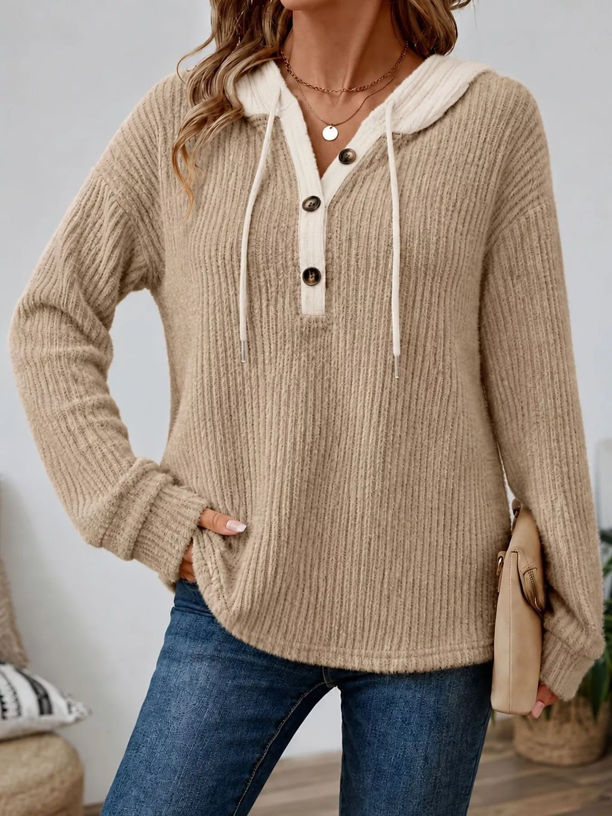 Trendsi Full Size Drawstring Button Detail Hooded Sweater Plus Size -