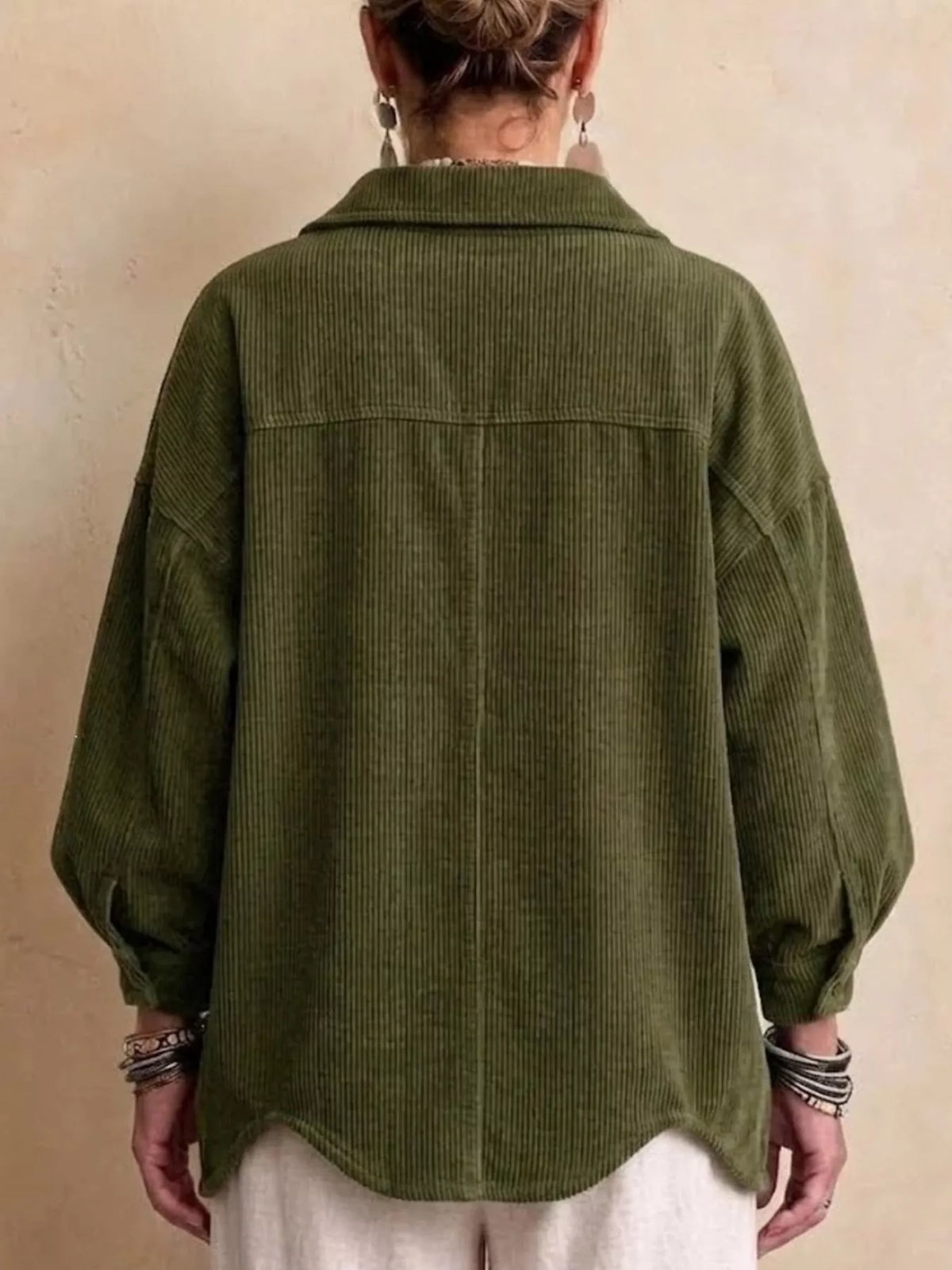 Women's Corduroy Button-Down Jacket in olive — back view