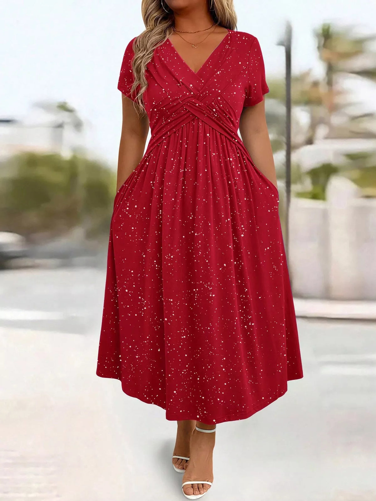 Red speckled short sleeve midi dress with pockets, front view
