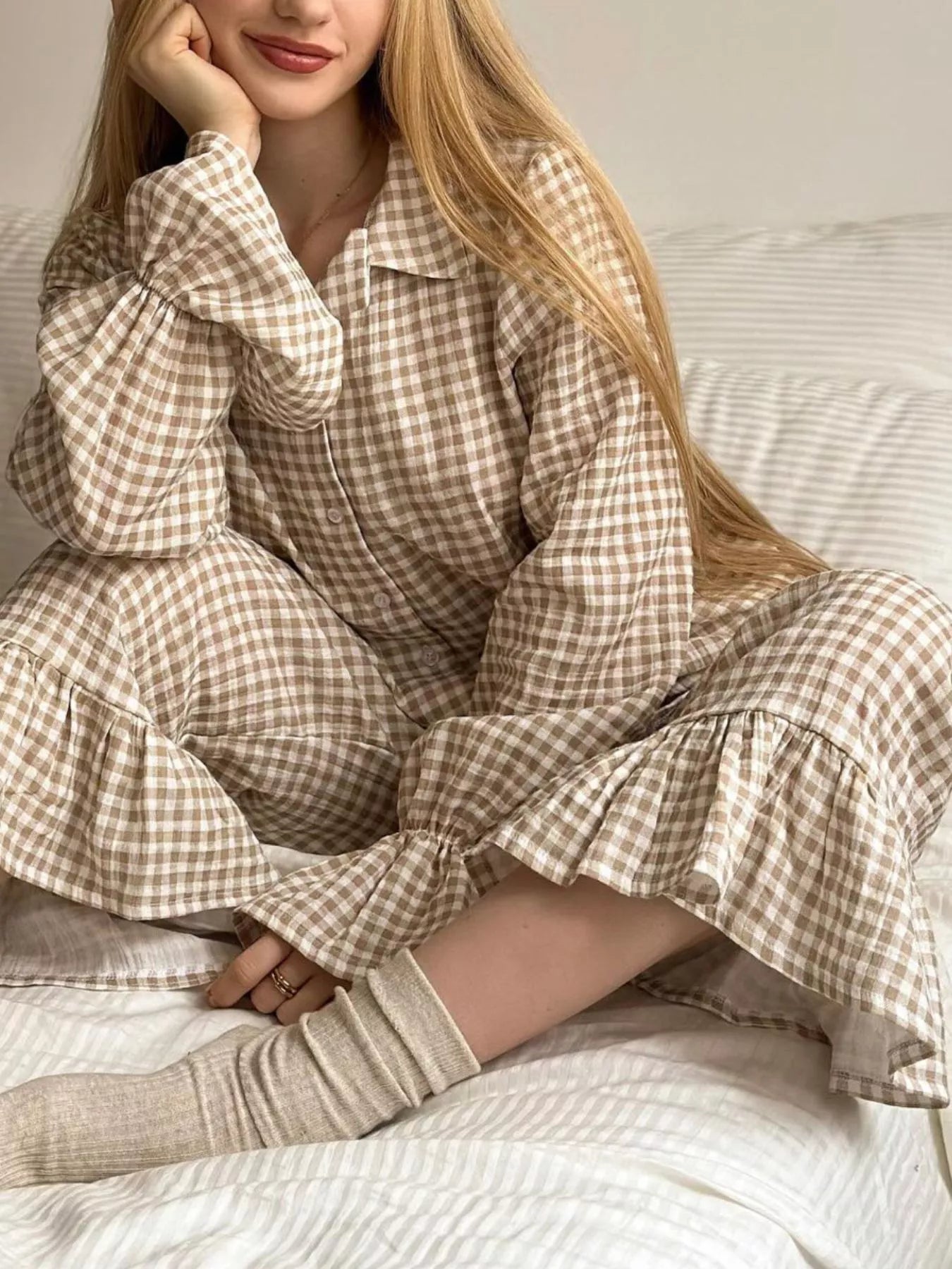 Trendsi Gingham Ruffle-Trim Top and Pants Lounge Set -
