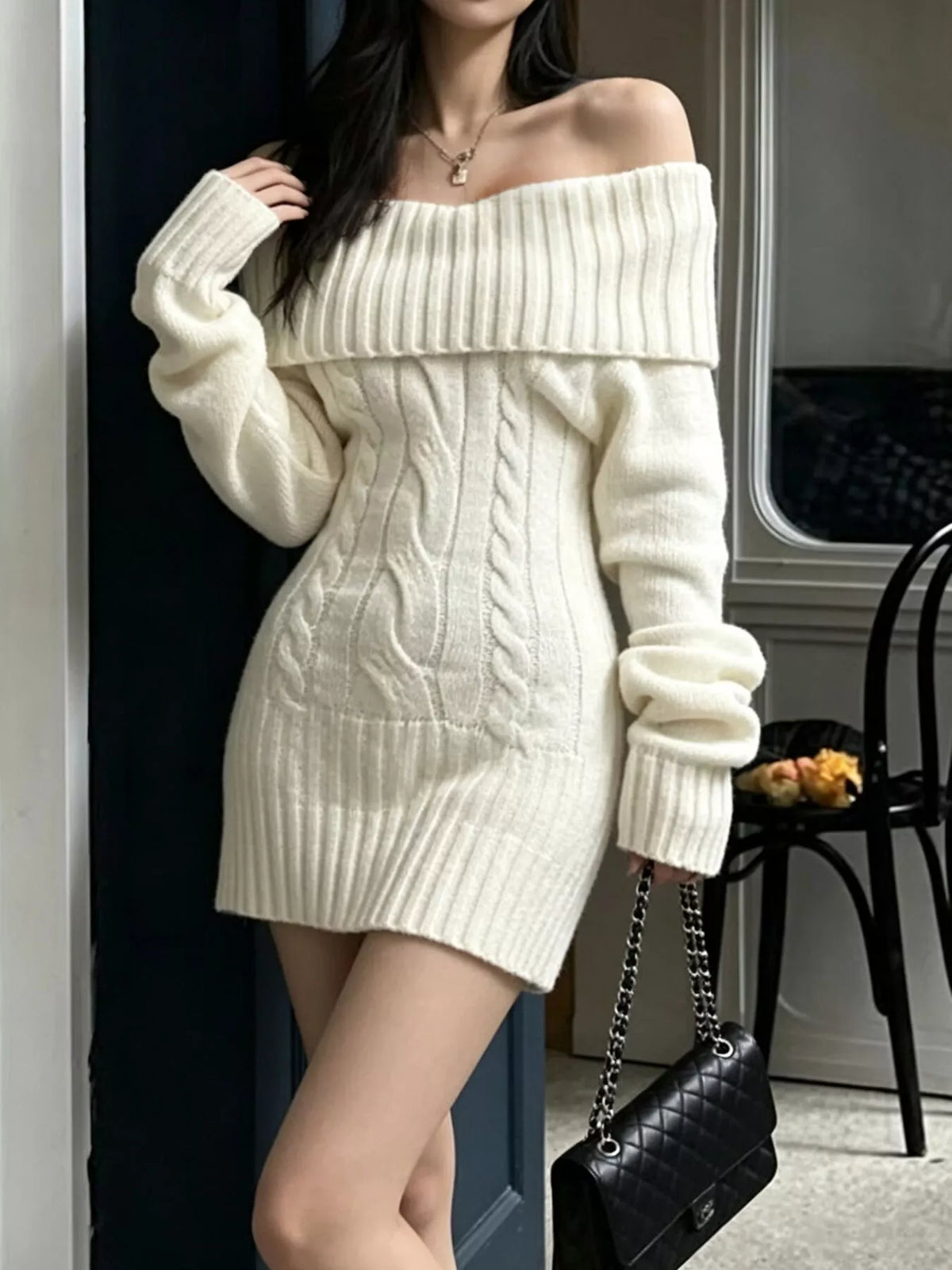 Off-Shoulder Cable Knit Sweater Dress in white, front view